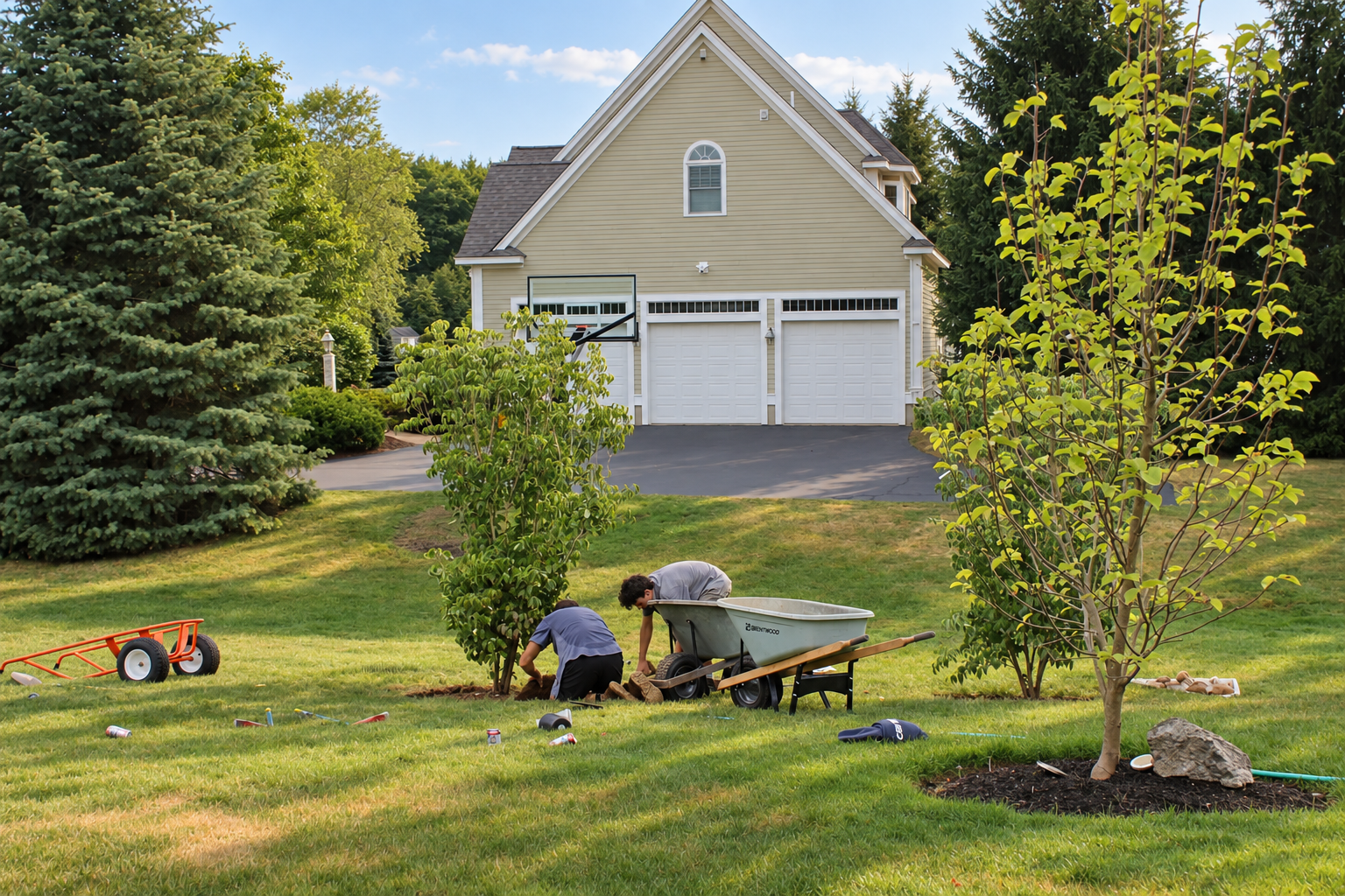 Two landscapers planting a tree in a residential yard with a wheelbarrow and landscaping tools nearby.