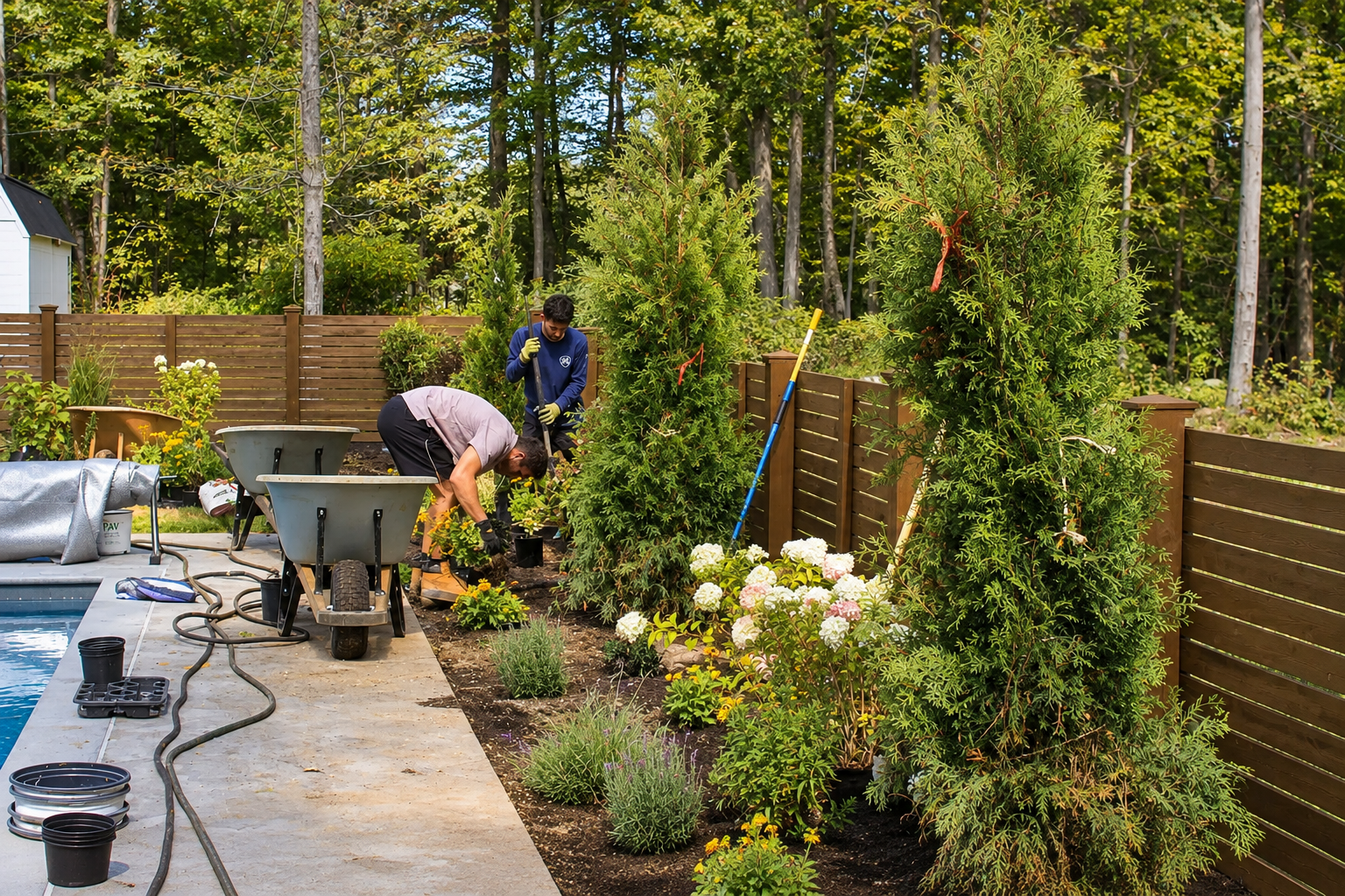 Two landscapers installing trees, shrubs, and flowering plants beside a backyard swimming pool and horizontal wood privacy fence.
