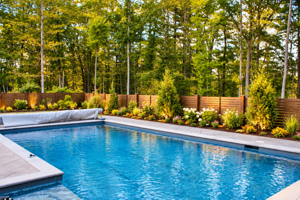 Backyard pool landscaping with privacy fencing, hydrangeas, evergreen trees, ornamental grasses, and mulched planting beds by JMJ Gardens.