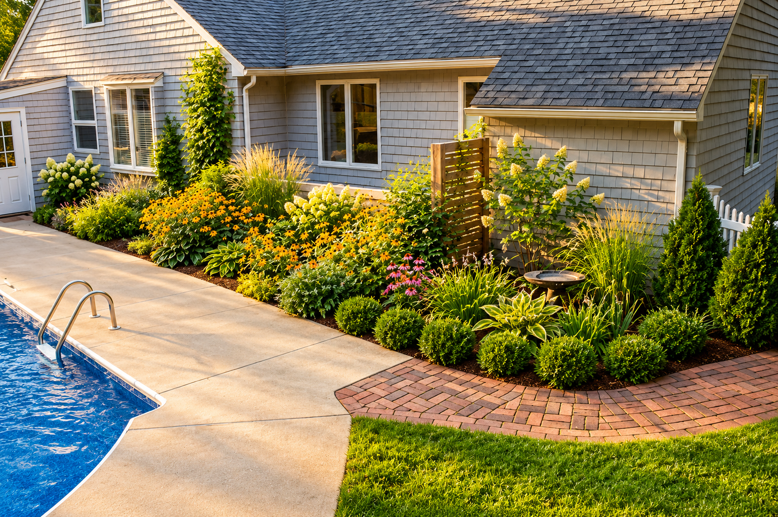 Backyard pool landscaping with privacy fencing, hydrangeas, evergreen trees, ornamental grasses, and mulched planting beds by JMJ Gardens.