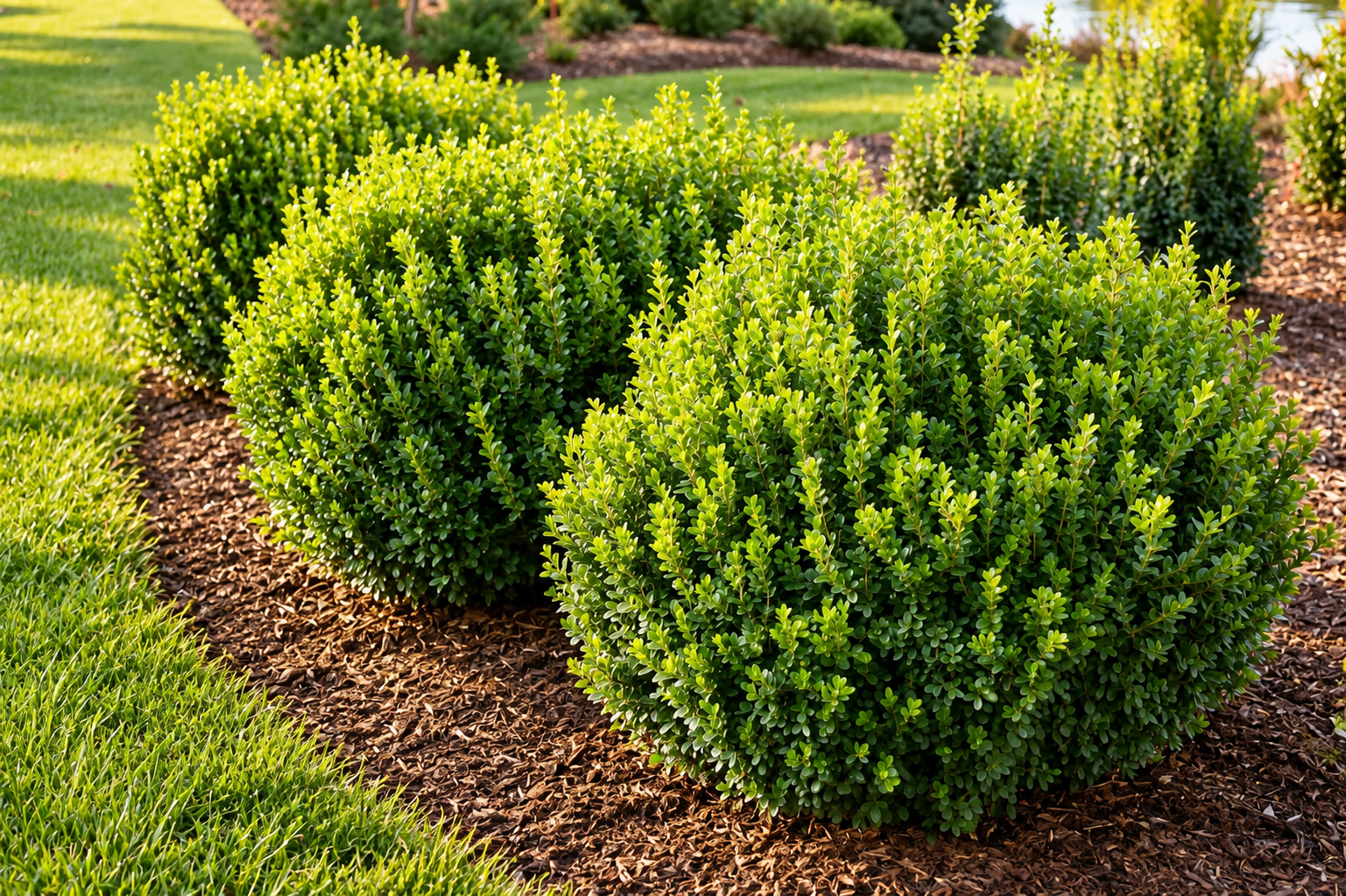 Healthy green boxwood shrubs planted in a freshly mulched landscape bed beside a maintained lawn by JMJ Gardens.
