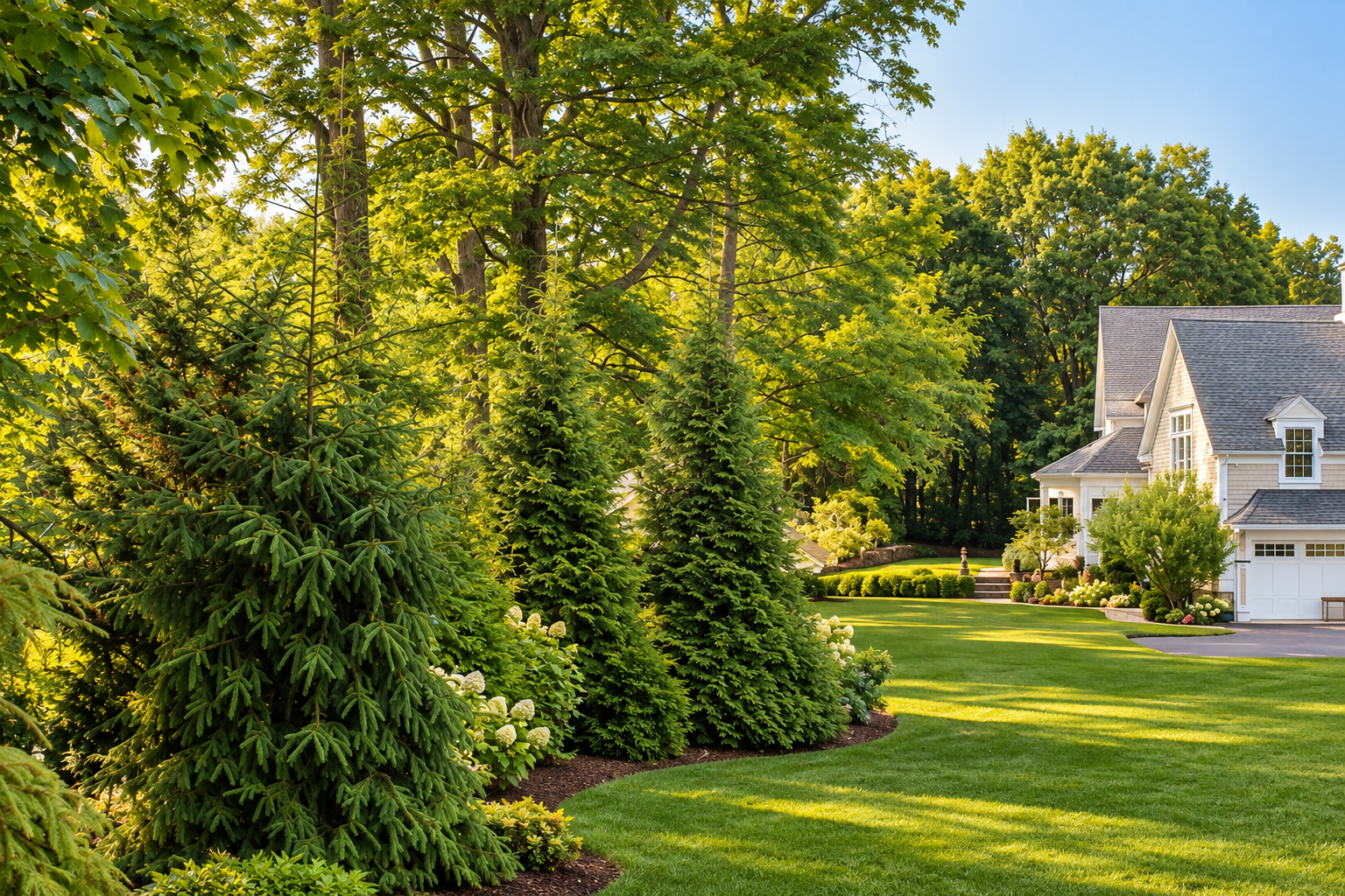 Serene Suburban Garden With Mature Landscaping Landscaped suburban home surrounded by tall trees, evergreen shrubs, and a manicured lawn