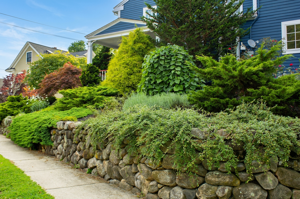 Lush landscaped garden with a stone retaining wall beside blue and yellow homes