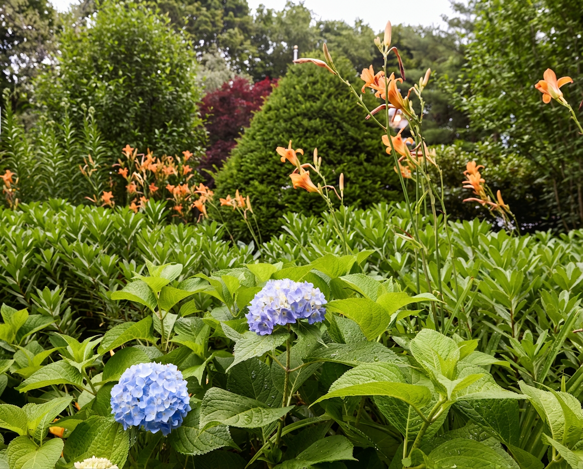 Garden design, spruce, tiger lily, colorful perennial, Newbury Ma, landscaping