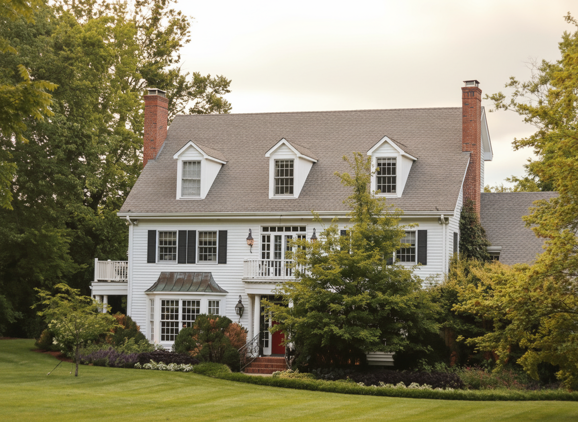 Enhance the existing landscape garden photograph with brighter, more natural lighting; gently increase saturation and lush green tones; add subtle warmth while preserving realistic colors, composition, architectural details, plants, and lawn. Do not alter the scene or add/remove objects.