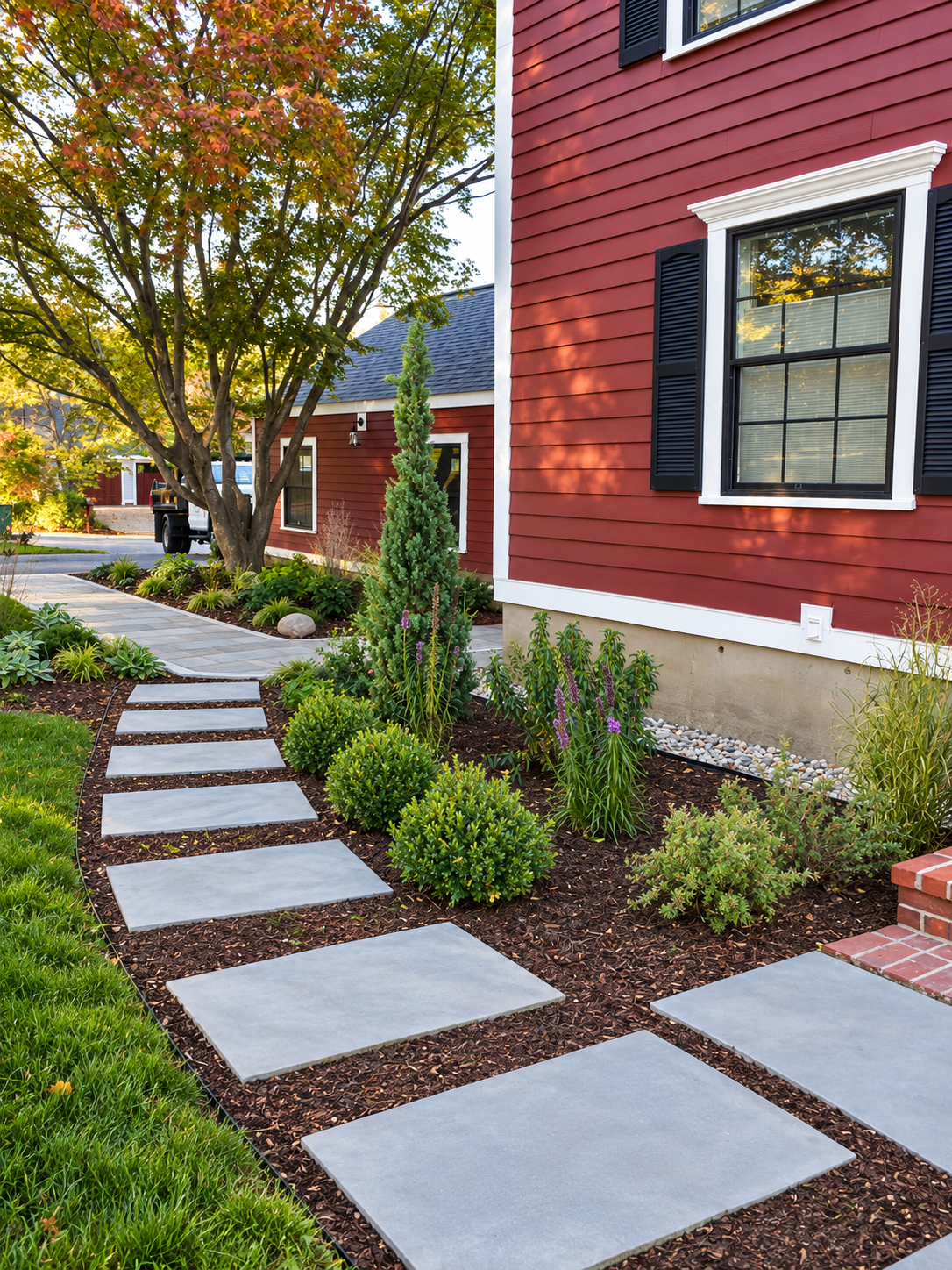 Curved bluestone walkway with brick accents and granite edging connecting a landscaped patio to a garden stepping-stone path.