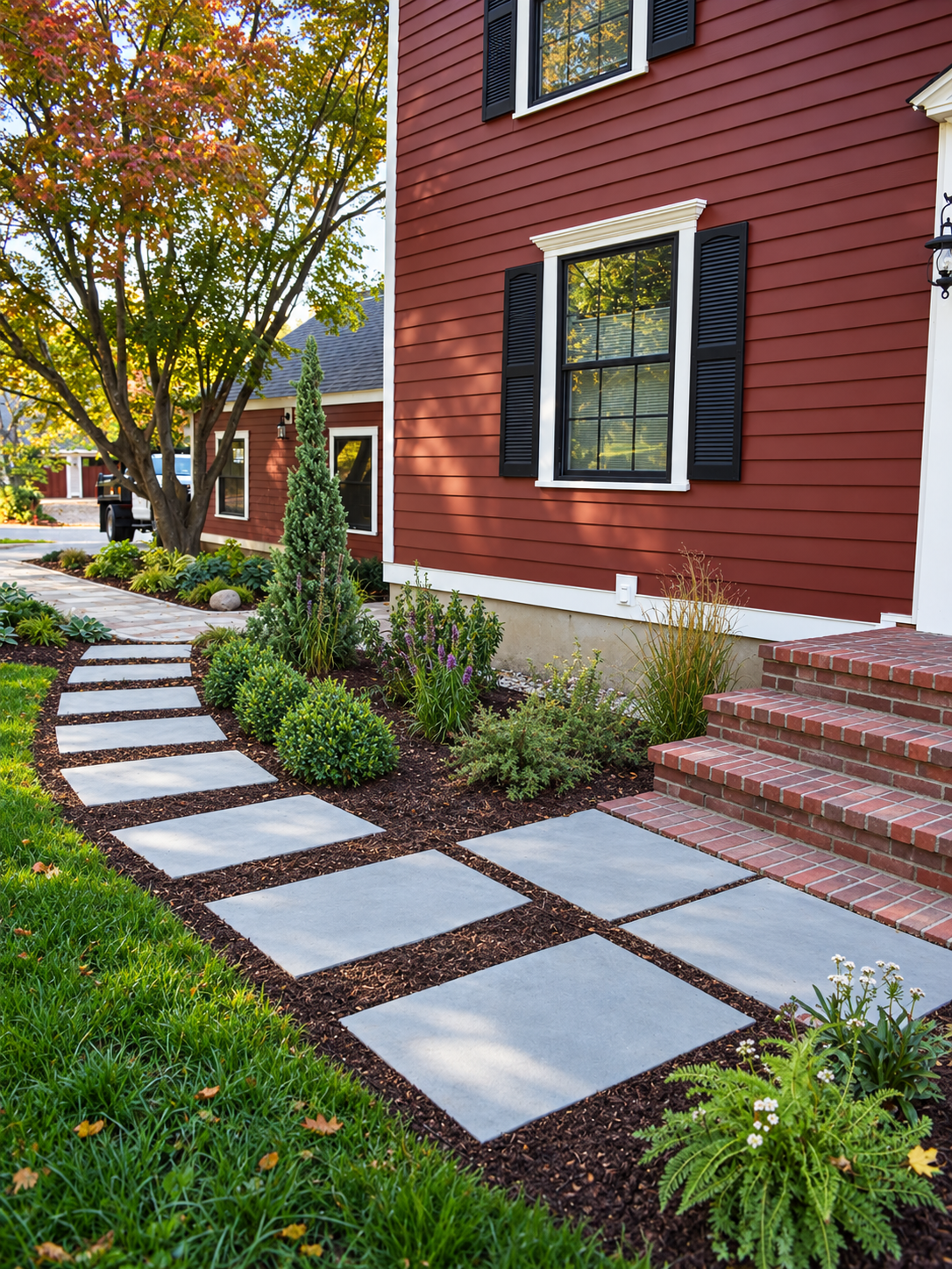 Curved bluestone walkway with brick accents and granite edging connecting a landscaped patio to a garden stepping-stone path.