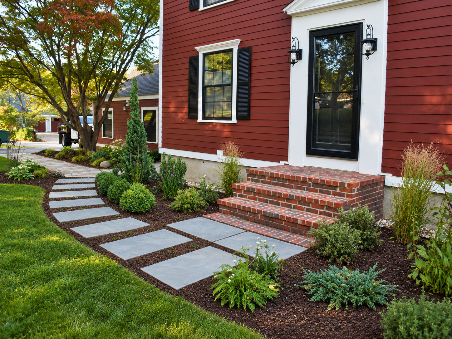 Curved bluestone walkway with brick accents and granite edging connecting a landscaped patio to a garden stepping-stone path.