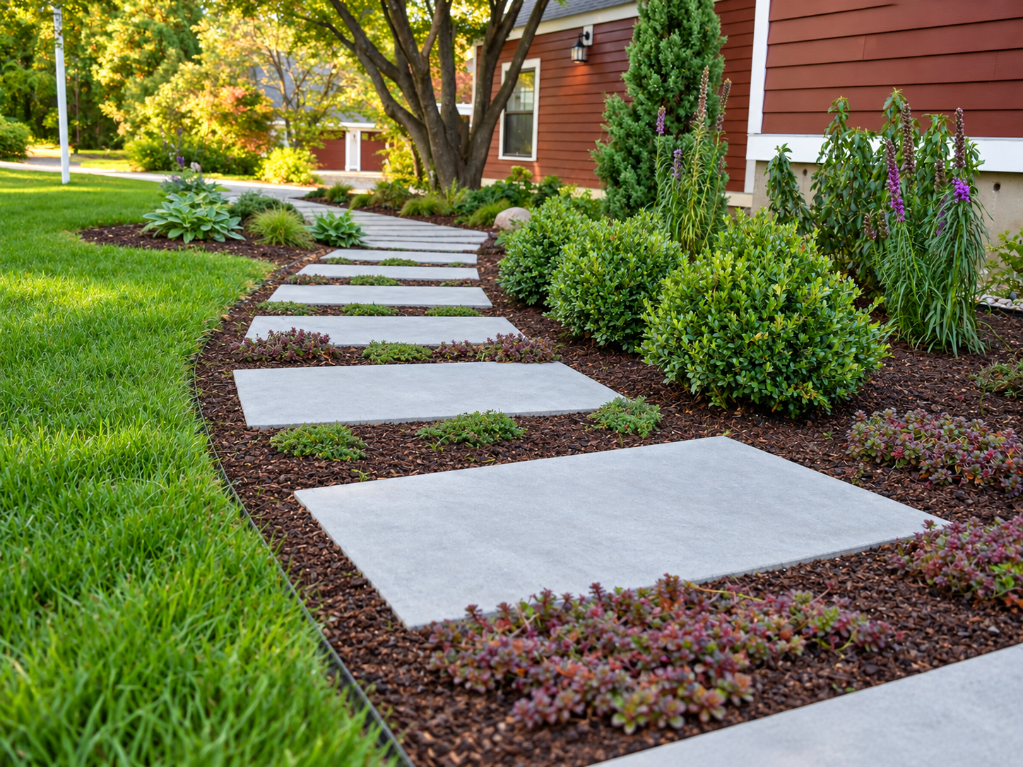 Curved bluestone walkway with brick accents and granite edging connecting a landscaped patio to a garden stepping-stone path.