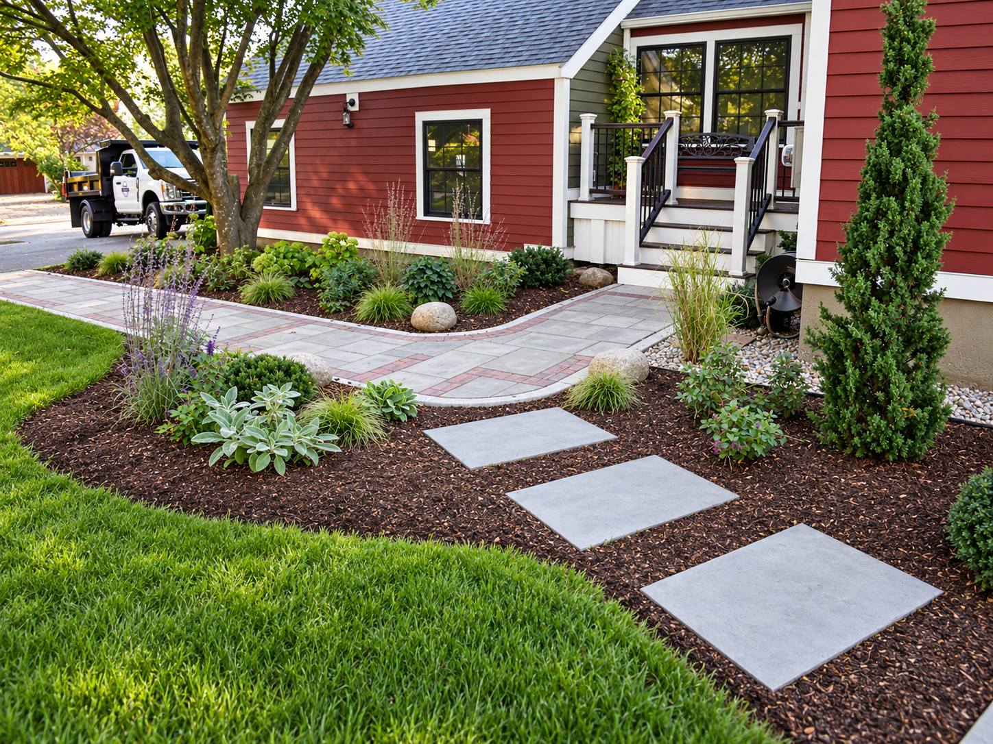 Curved bluestone walkway with brick accents and granite edging connecting a landscaped patio to a garden stepping-stone path.