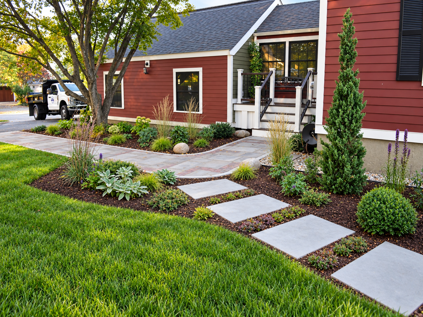 Curved bluestone walkway with brick accents and granite edging connecting a landscaped patio to a garden stepping-stone path.