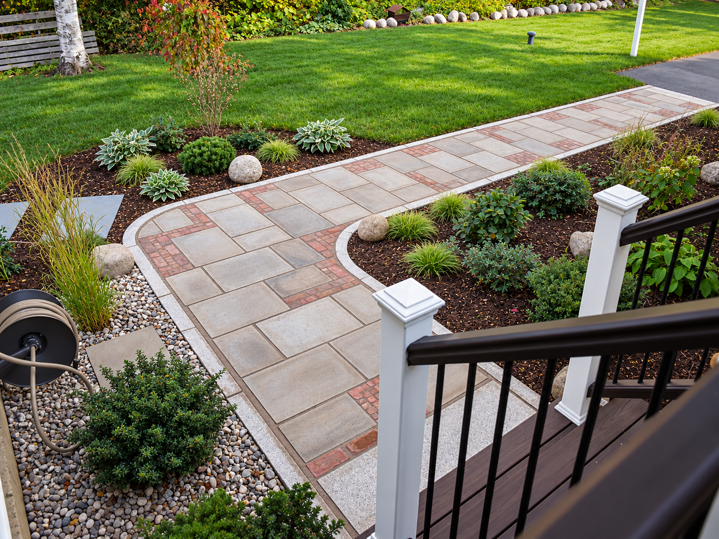 Close-up of a custom bluestone walkway with decorative red brick inlays and granite edging surrounded by garden beds.
