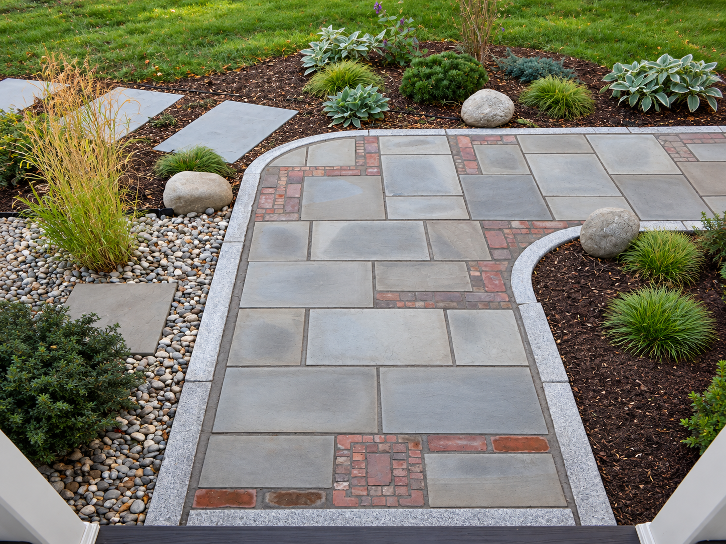 Close-up of a custom bluestone walkway with decorative red brick inlays and granite edging surrounded by garden beds.