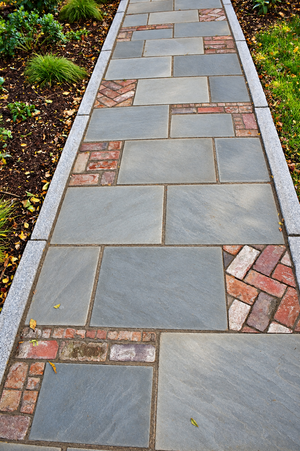 Close-up of a custom bluestone walkway with decorative red brick inlays and granite edging surrounded by garden beds.