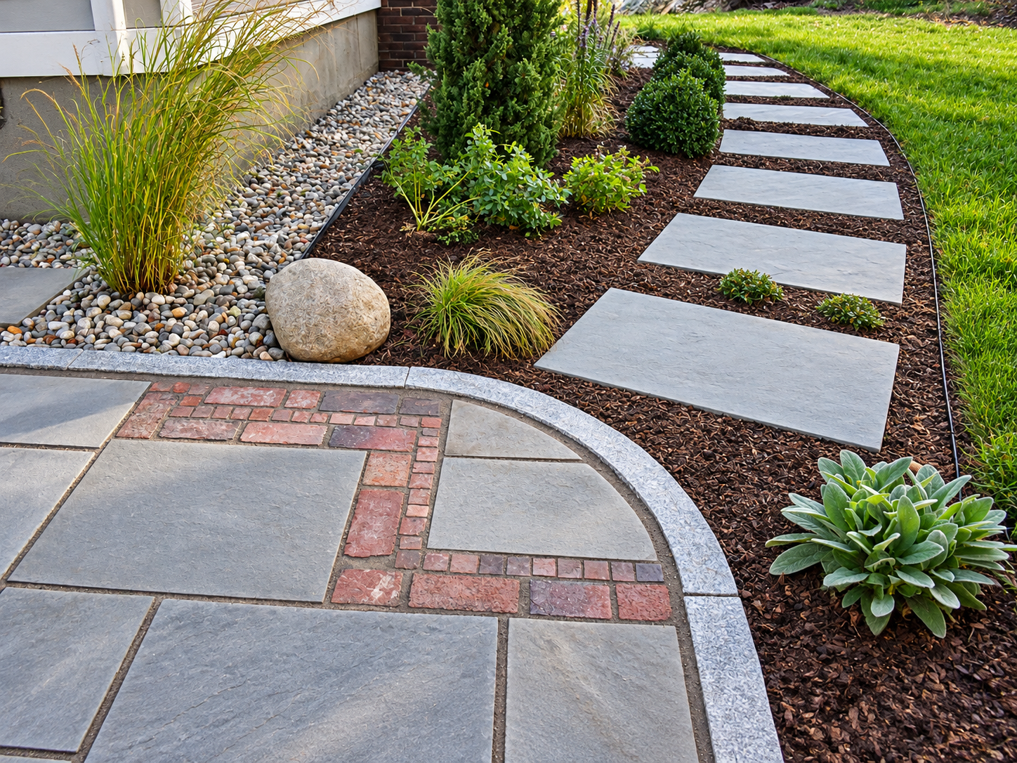Close-up of a custom bluestone walkway with decorative red brick inlays and granite edging surrounded by garden beds.