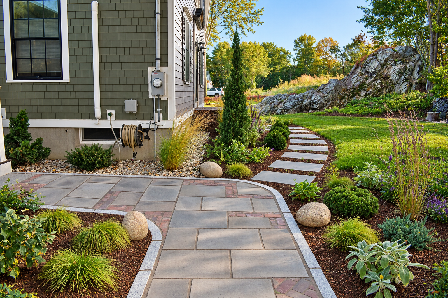 Close-up of a custom bluestone walkway with decorative red brick inlays and granite edging surrounded by garden beds.