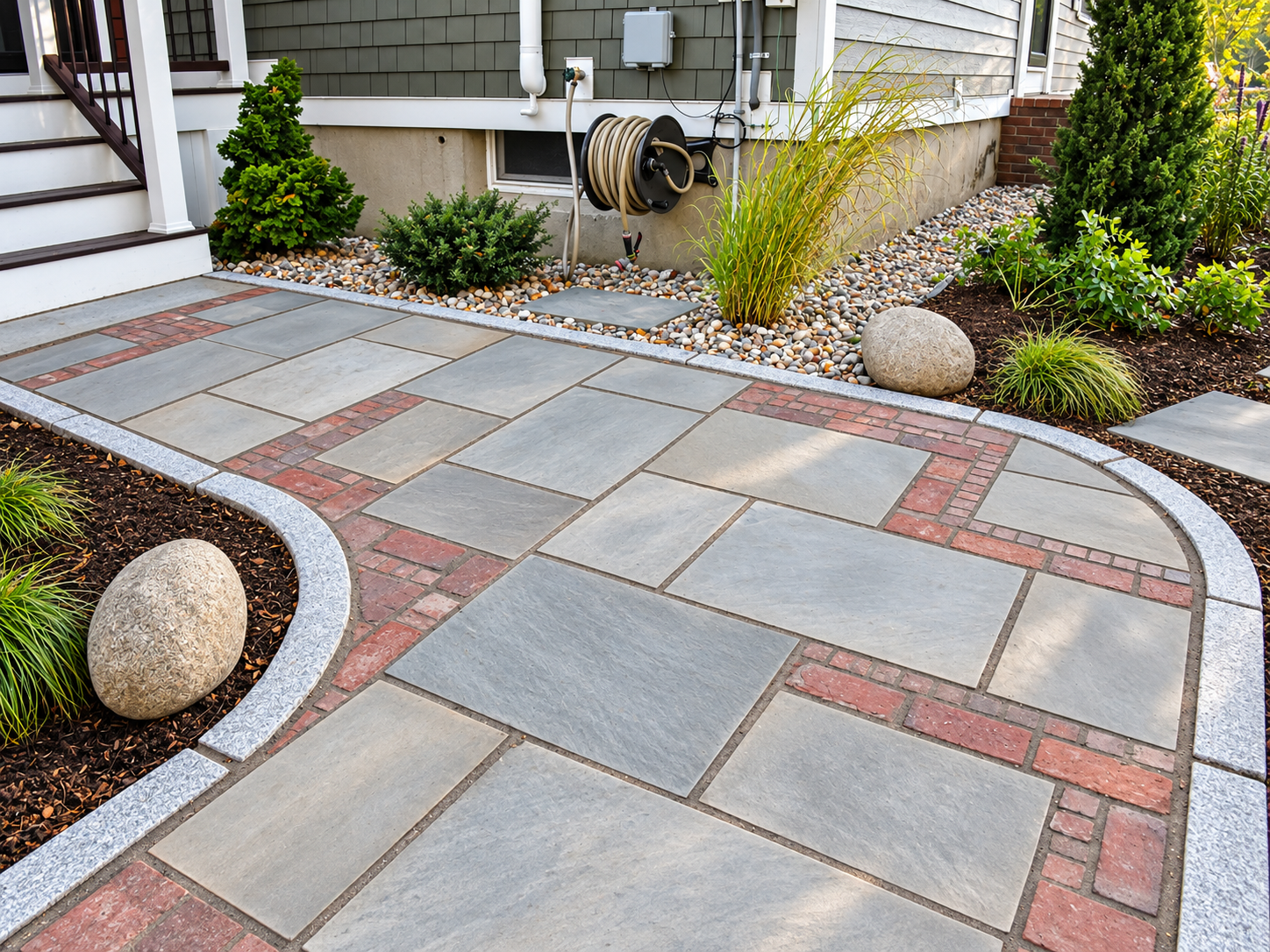 Close-up of a custom bluestone walkway with decorative red brick inlays and granite edging surrounded by garden beds.