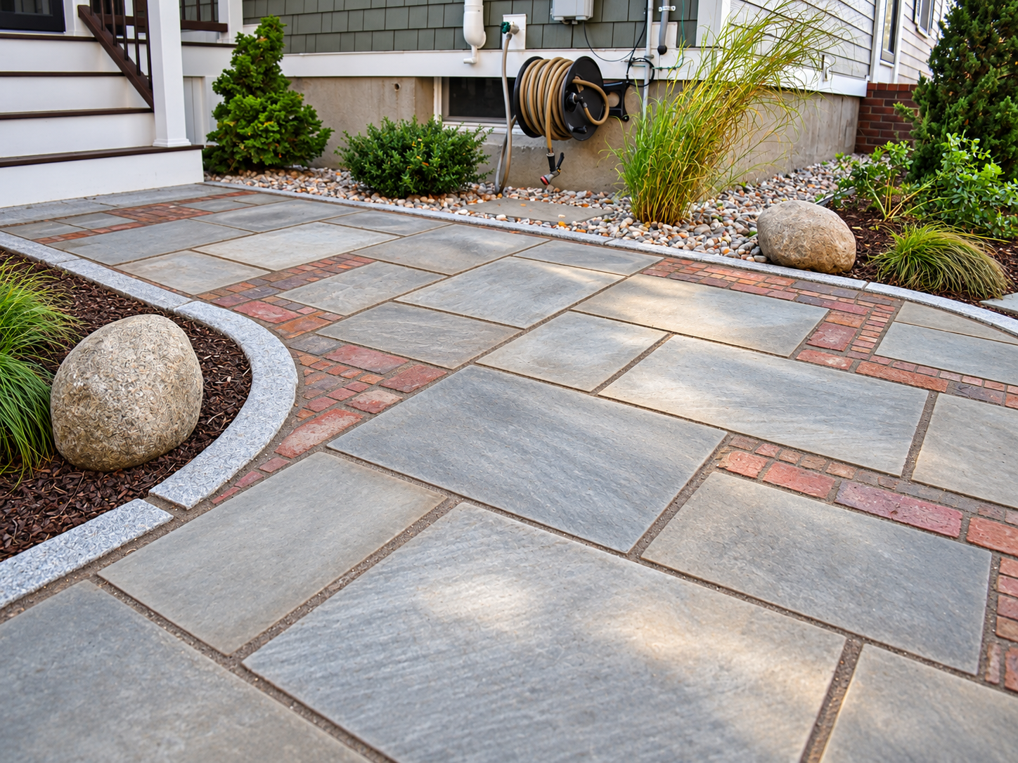 Close-up of a custom bluestone walkway with decorative red brick inlays and granite edging surrounded by garden beds.