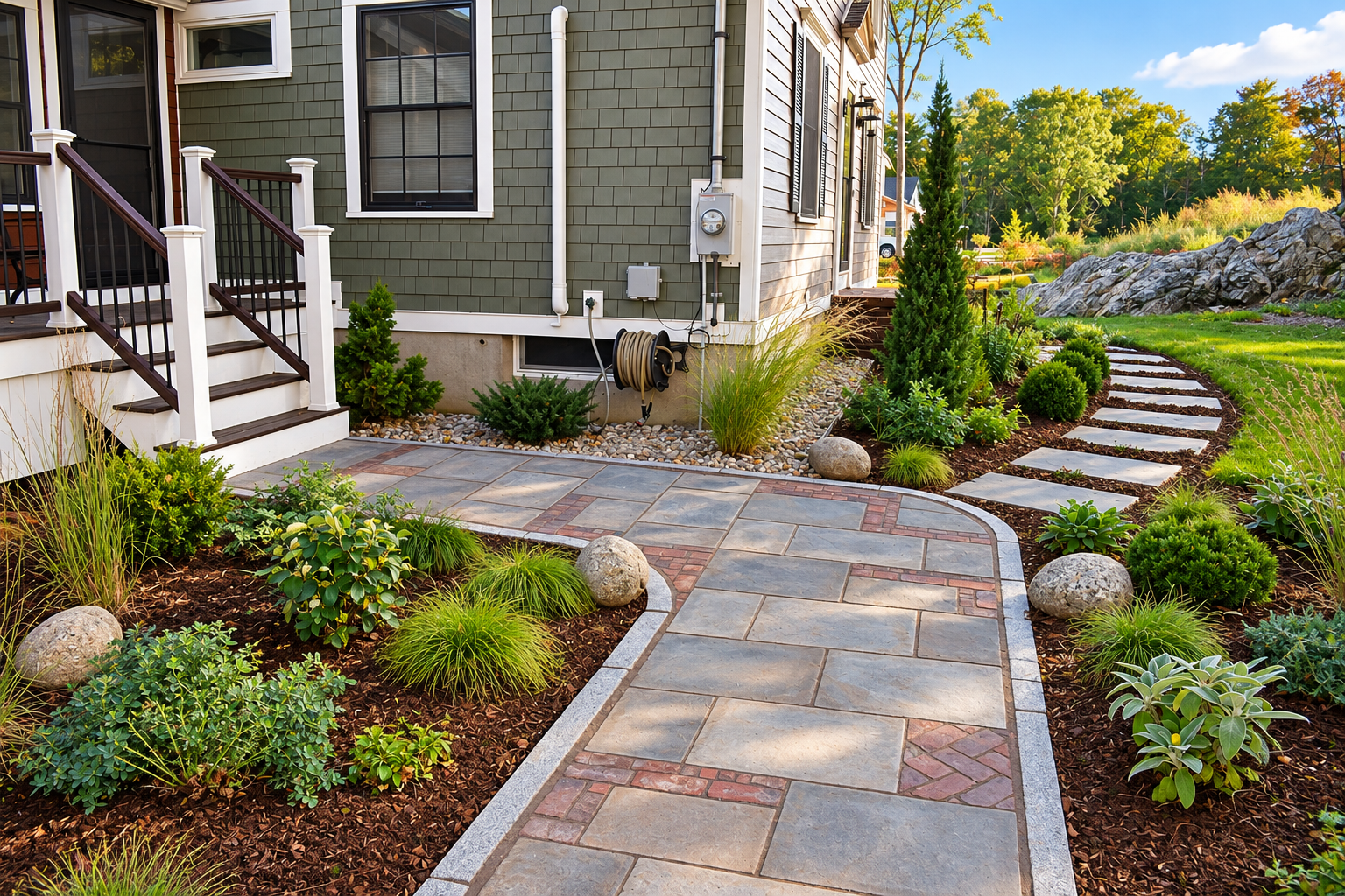 Close-up of a custom bluestone walkway with decorative red brick inlays and granite edging surrounded by garden beds.