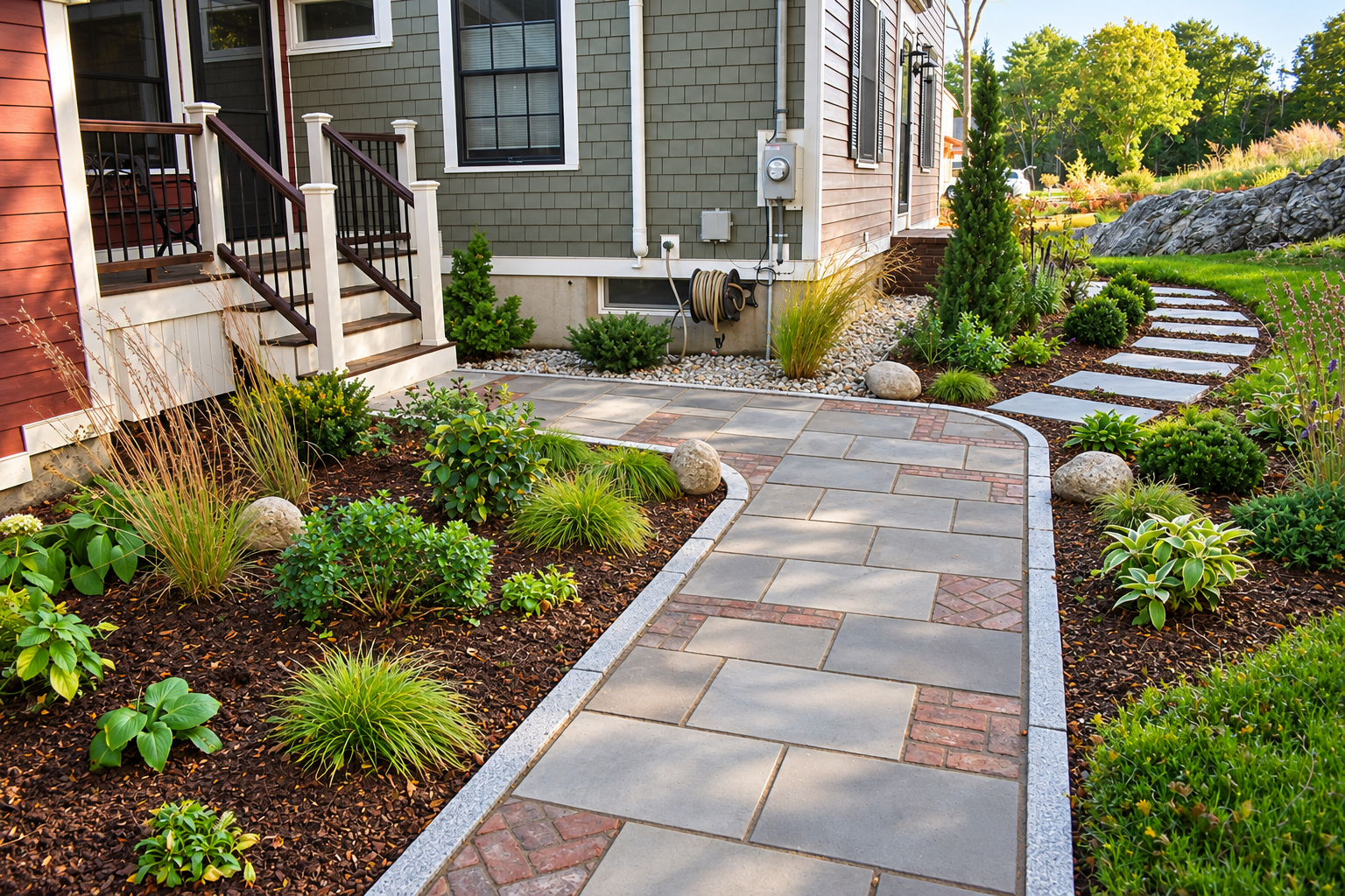 Close-up of a custom bluestone walkway with decorative red brick inlays and granite edging surrounded by garden beds.