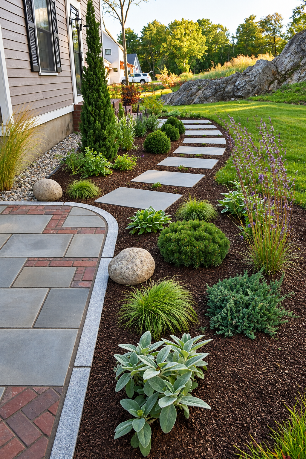 Close-up of a custom bluestone walkway with decorative red brick inlays and granite edging surrounded by garden beds.