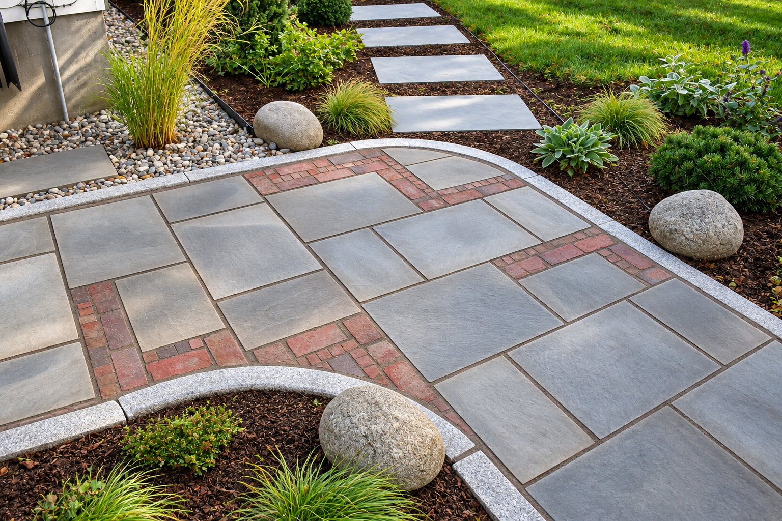 Close-up of a custom bluestone walkway with decorative red brick inlays and granite edging surrounded by garden beds.