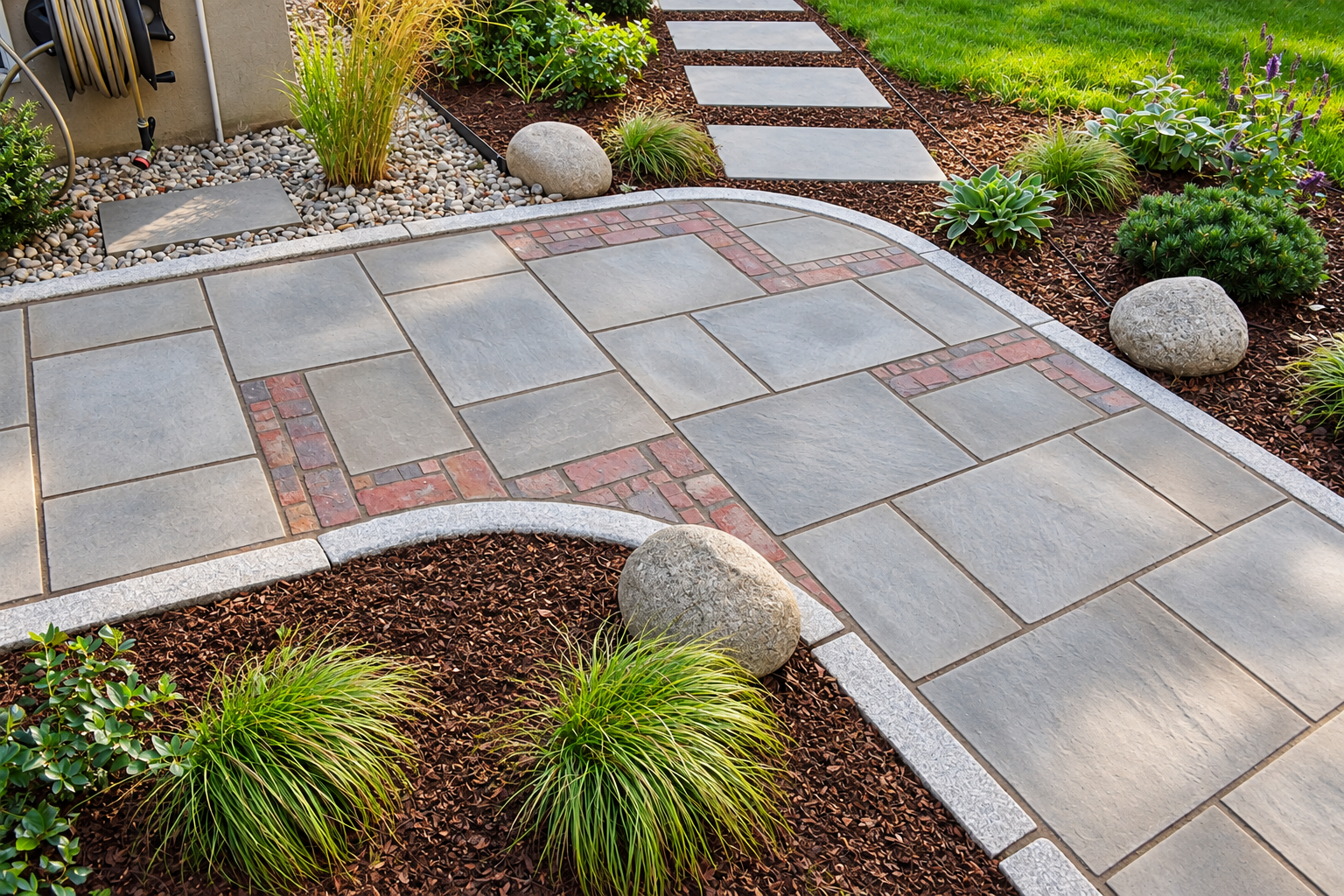 Close-up of a custom bluestone walkway with decorative red brick inlays and granite edging surrounded by garden beds.