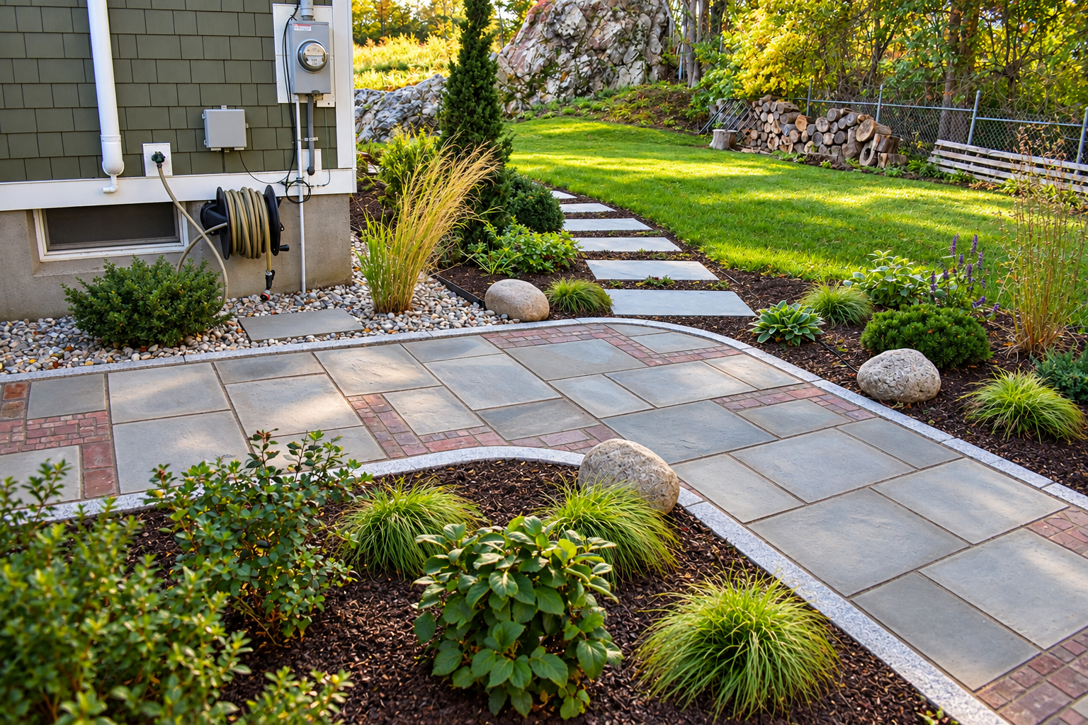 Close-up of a custom bluestone walkway with decorative red brick inlays and granite edging surrounded by garden beds.