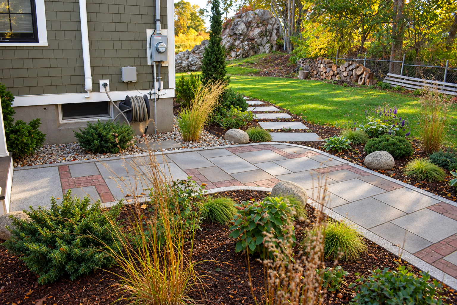 Close-up of a custom bluestone walkway with decorative red brick inlays and granite edging surrounded by garden beds.