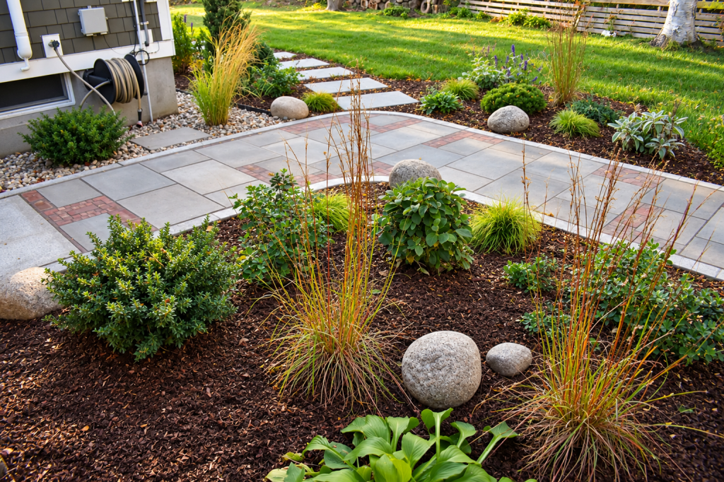 Curved bluestone walkway with brick accents and granite edging connecting a landscaped patio to a garden stepping-stone path.