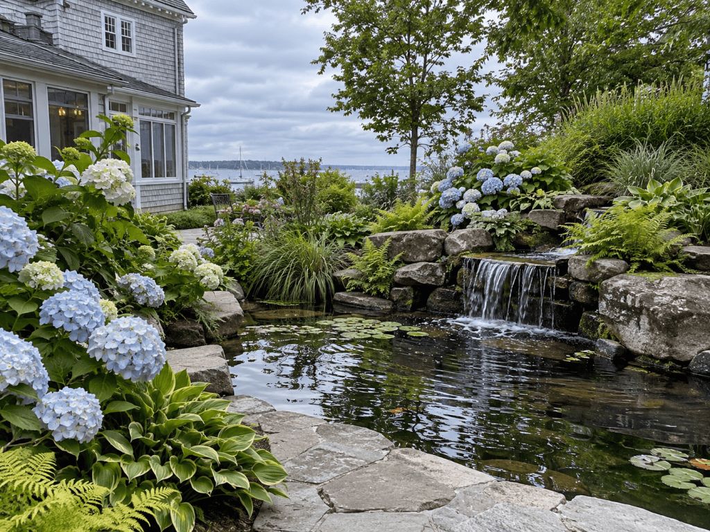 A serene garden scene featuring blue hydrangeas blooming around a small pond with a waterfall, surrounded by lush green plants and a view of a lake in the background.