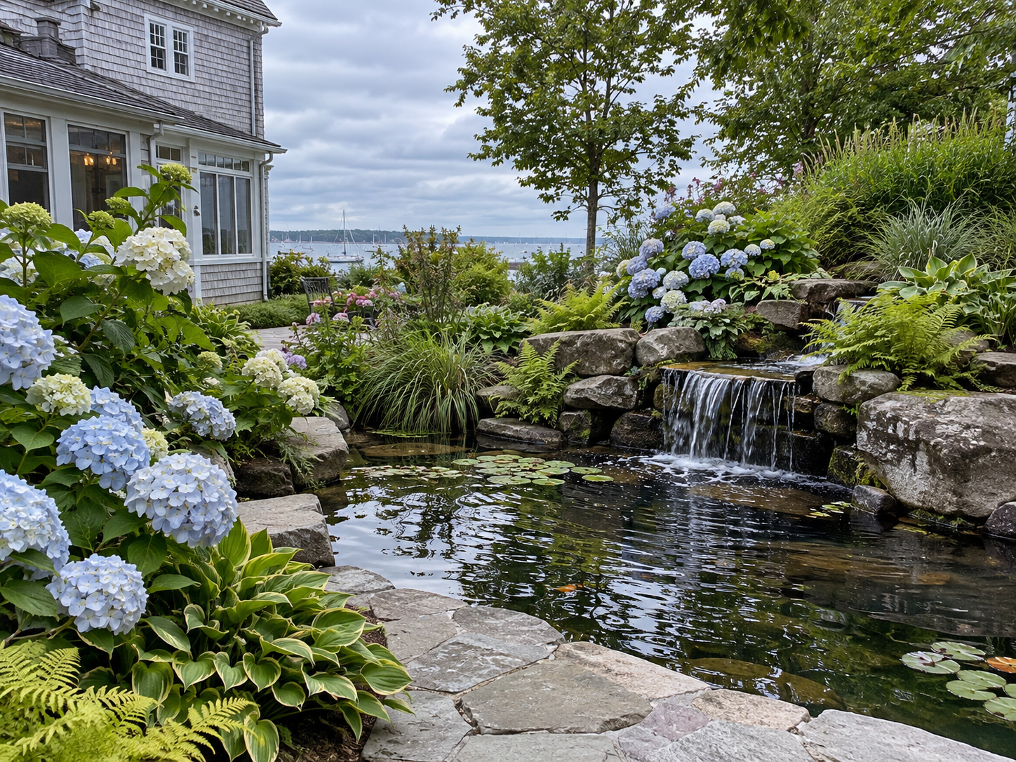 Landscaped garden pond with waterfall, hydrangeas, and sailboats on the bay