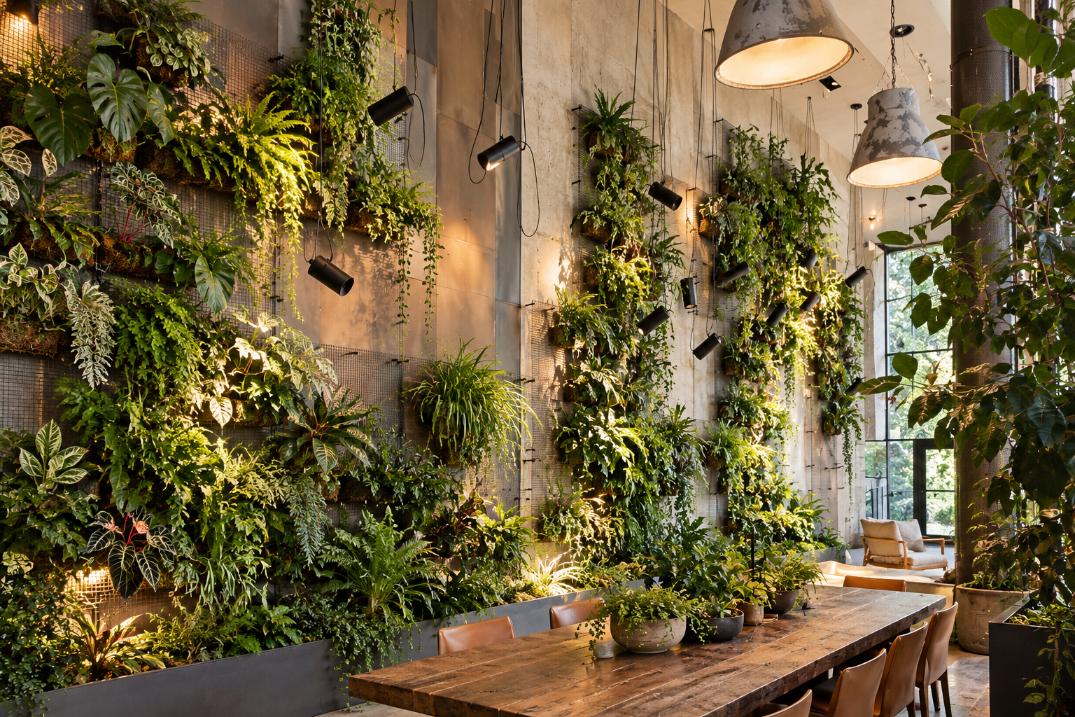 An indoor space featuring a vertical garden with various lush green plants on the walls, complemented by hanging black lights. A wooden dining table is positioned in front, surrounded by chairs, with additional plants in pots nearby.